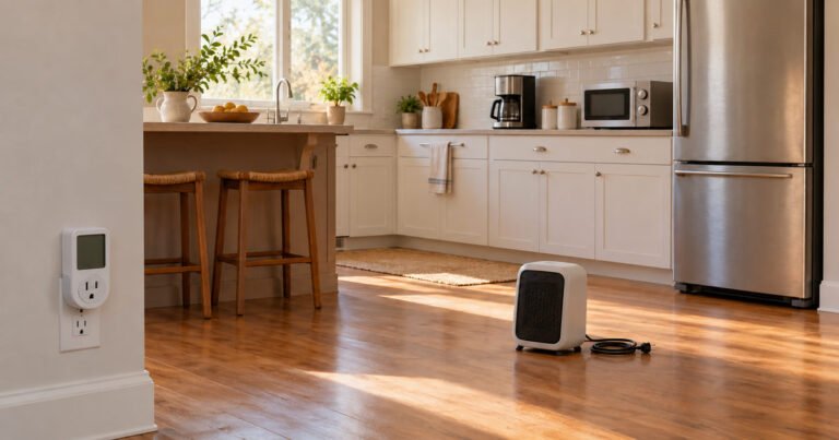Everyday appliances and a blank-screen power meter in a bright home kitchen