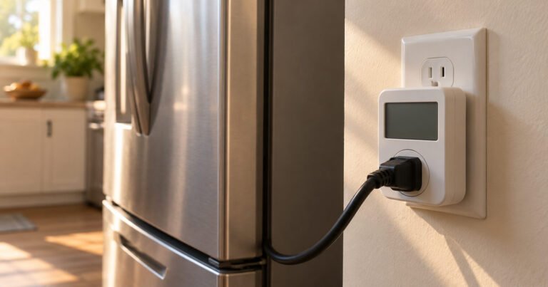 Blank-screen power meter at a kitchen outlet beside a refrigerator