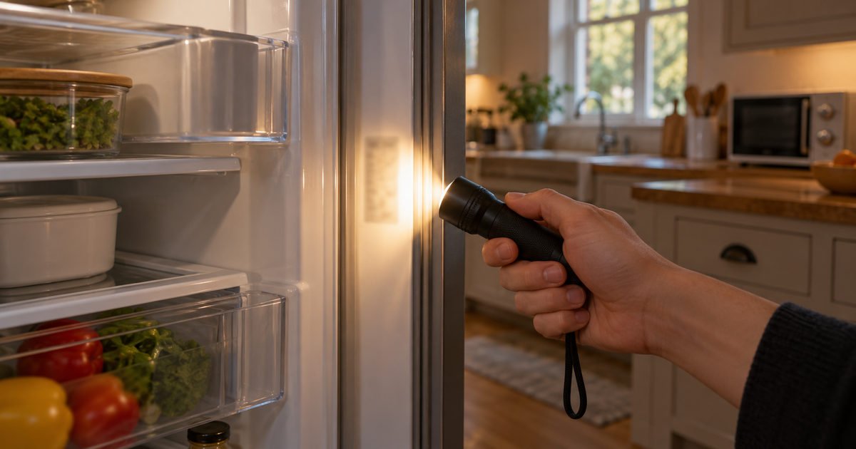 Hand shining a flashlight on an unreadable sticker inside a refrigerator door frame