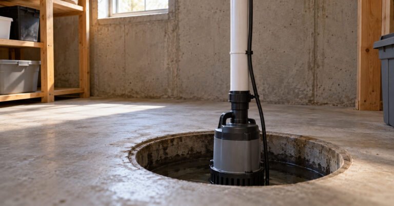 Sump pump in a basement pit surrounded by a dry concrete floor