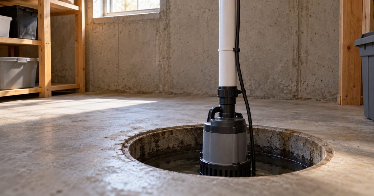 Sump pump in a basement pit surrounded by a dry concrete floor