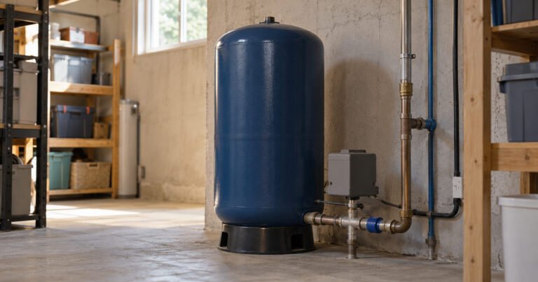 Well pressure tank and closed pump controls in a tidy utility room