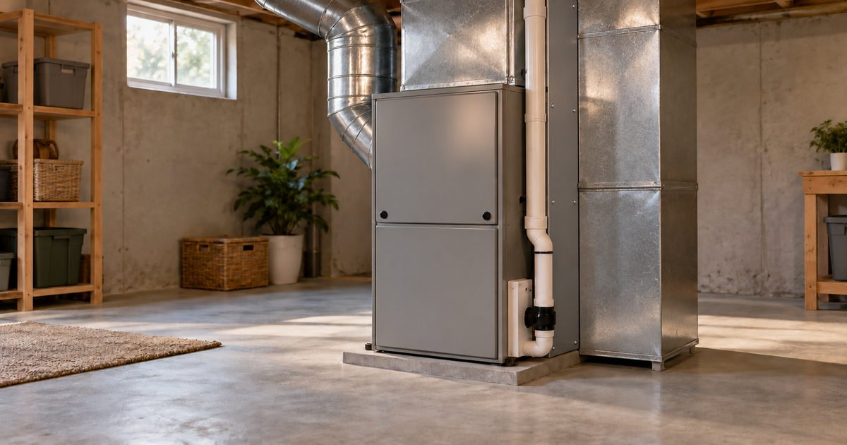 Gas furnace with closed front panels in a home basement utility room