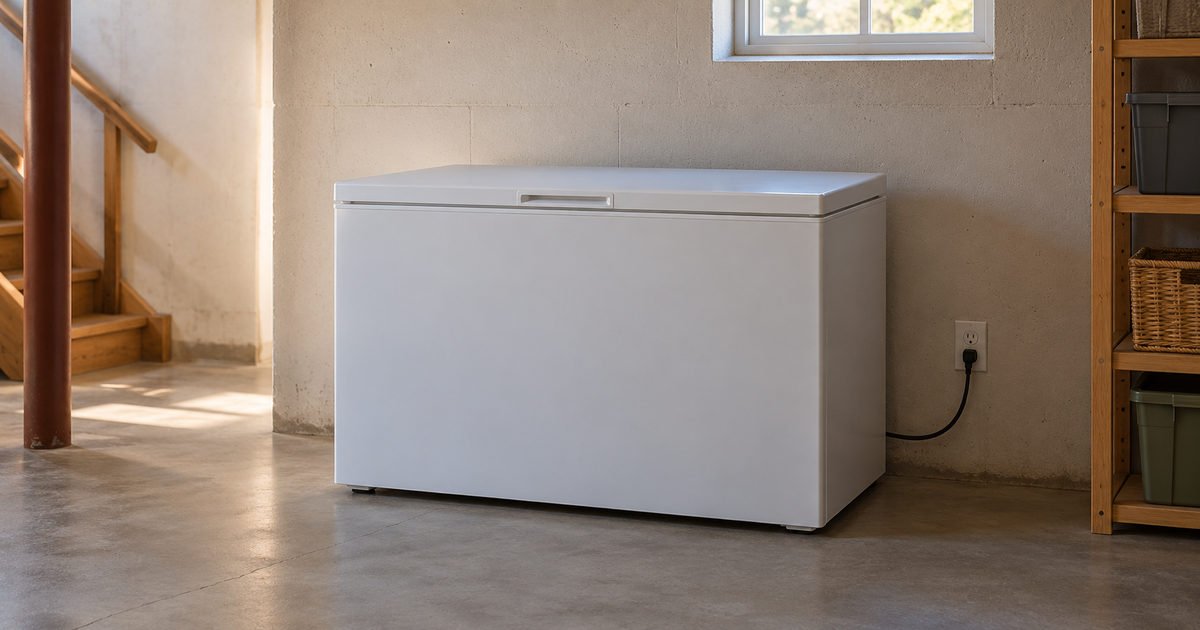Closed chest freezer in a clean basement lit by daylight