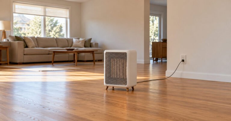 Electric space heater on a clear living-room floor in daylight