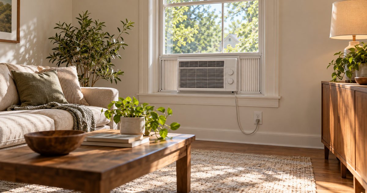 Window air conditioner installed in a home window in summer daylight