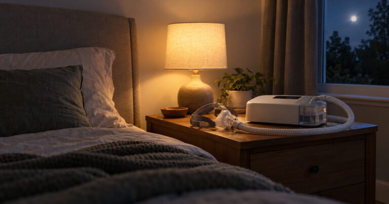 CPAP machine, water chamber, hose and resting mask on a nightstand in an empty bedroom