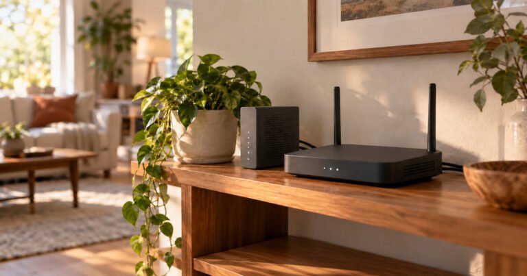 Wi-Fi router and modem with small status lights on a wooden shelf