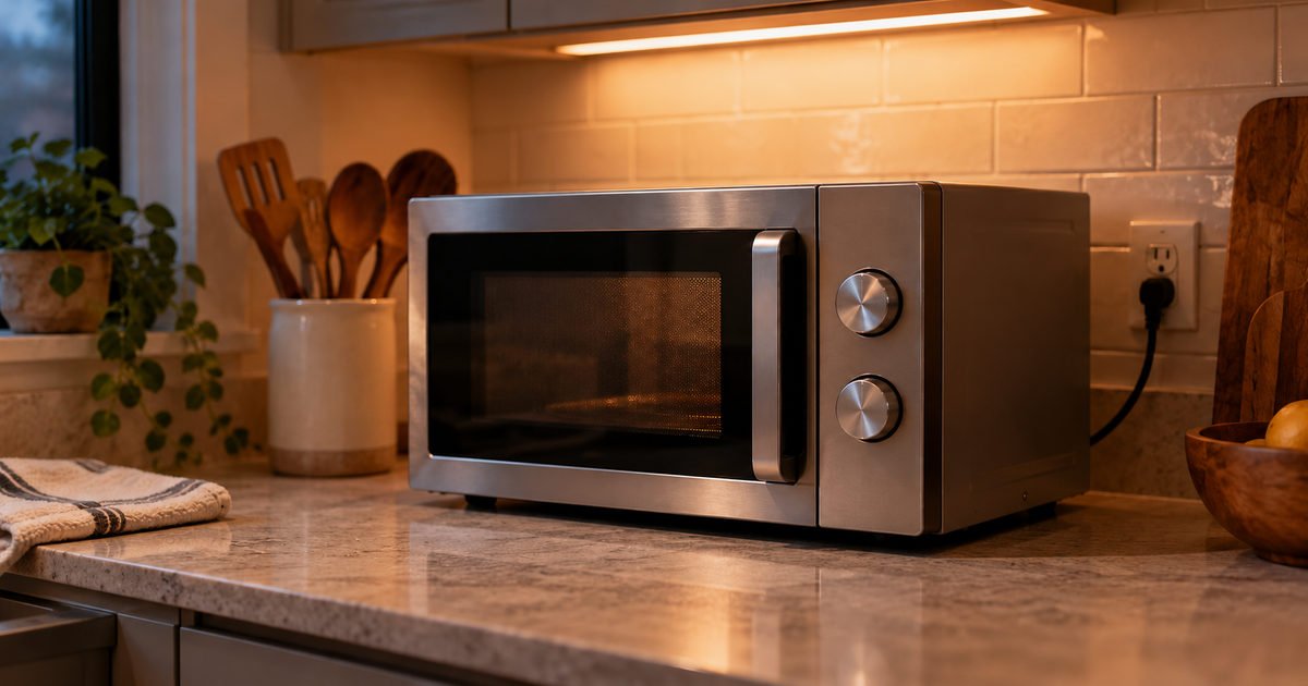 Closed microwave oven on a kitchen counter under warm light