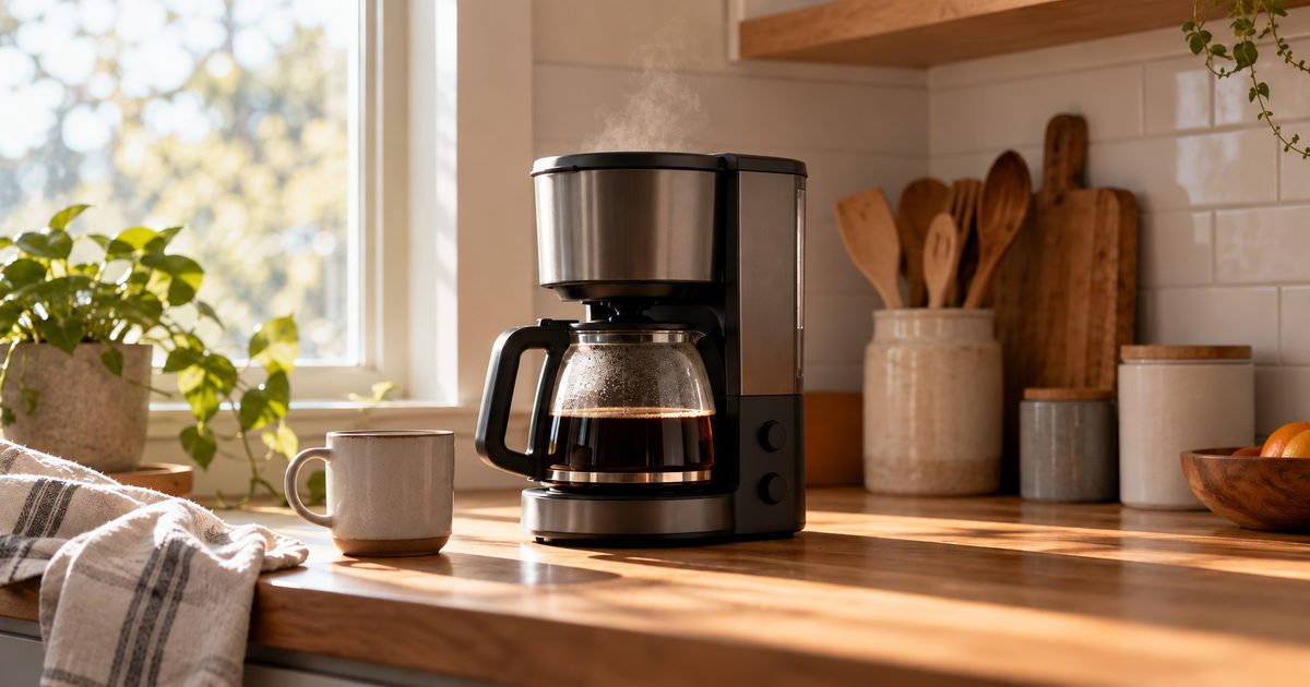Drip coffee maker brewing on a kitchen counter in morning sunlight