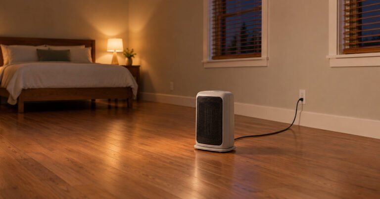 Space heater on a clear bedroom floor, well away from an empty bed, in warm evening light