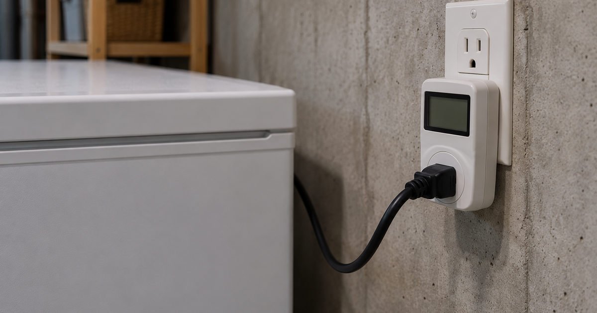 Blank-screen power meter and freezer cord at a basement wall outlet