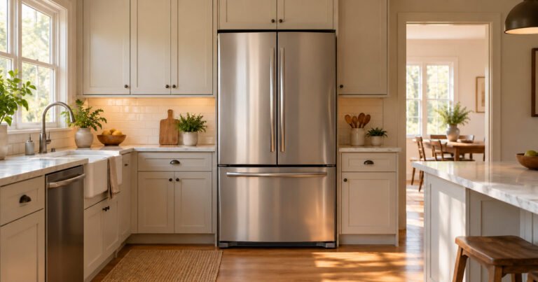 Closed stainless steel refrigerator in a bright home kitchen