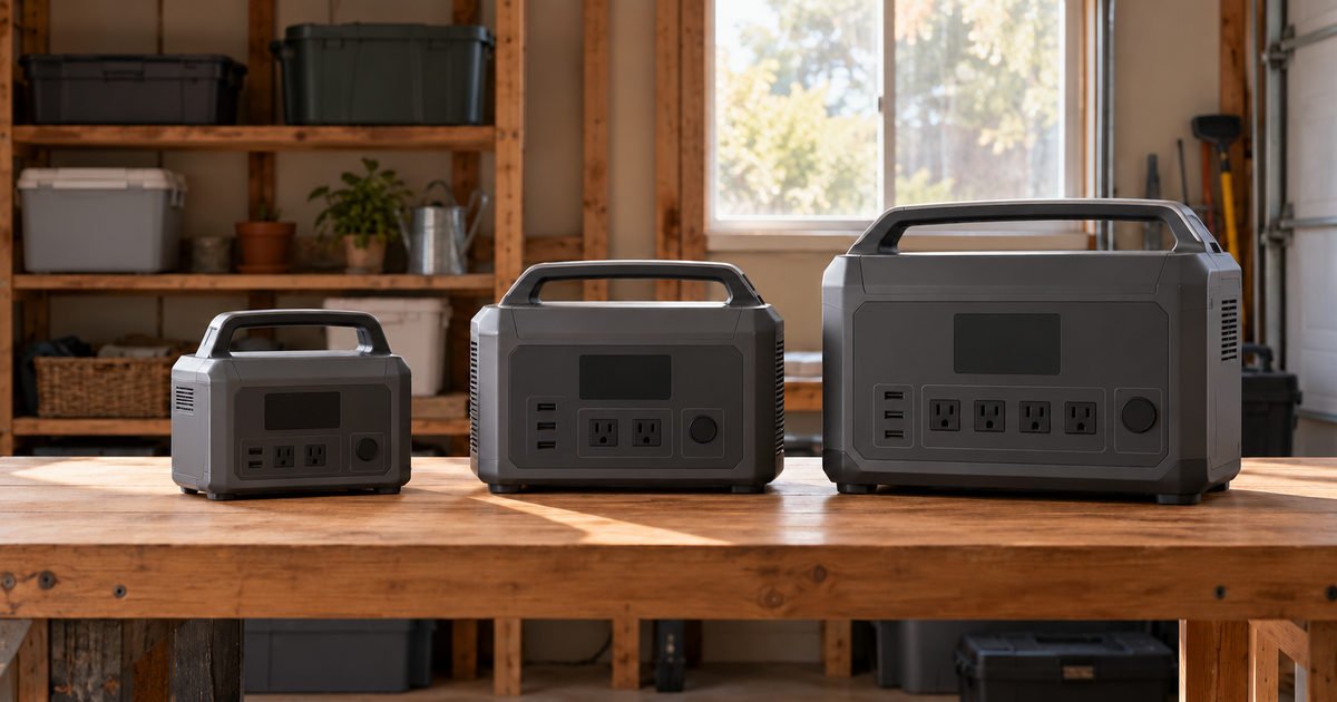 Portable power stations of different sizes on a garage workbench
