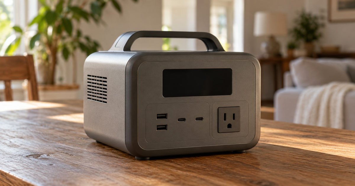 Close view of a portable power station port panel with its display off