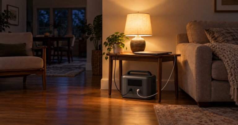 Mid-size power station powering a lamp and connected to a closed laptop during an outage