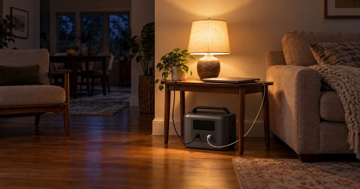 Mid-size power station powering a lamp and connected to a closed laptop during an outage