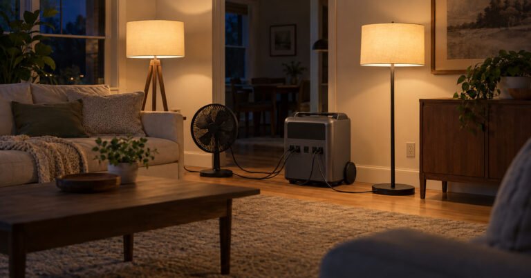 Wheeled power station supplying a fan and lamps in a family room during an outage