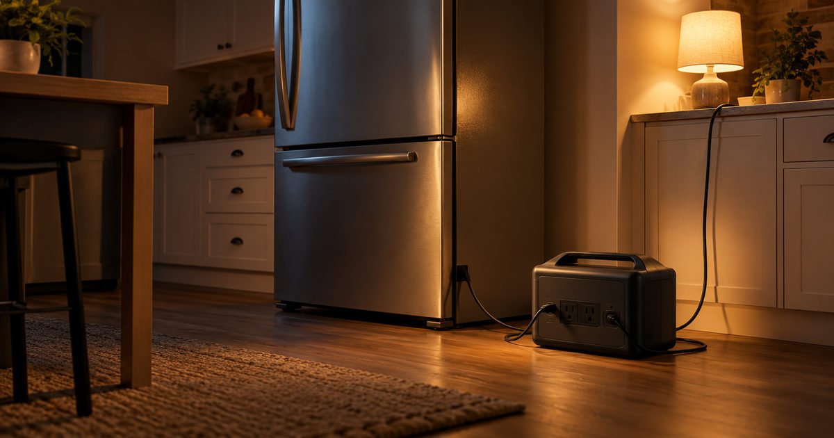 Power station connected to a refrigerator in a kitchen lit by a small lamp at night