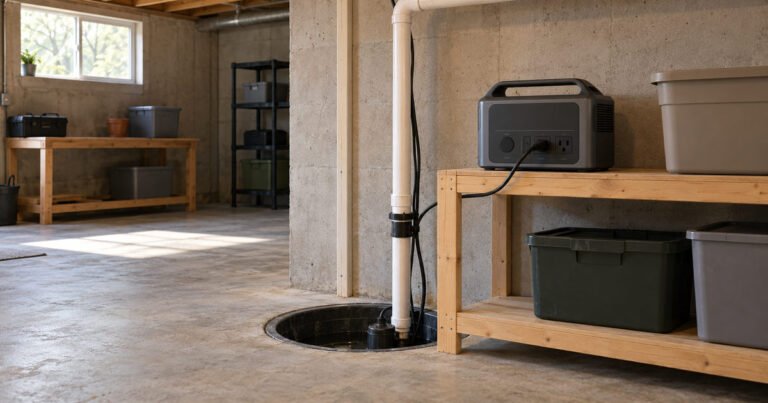 Power station on a dry shelf above a basement sump pit, with its cord running to the pump