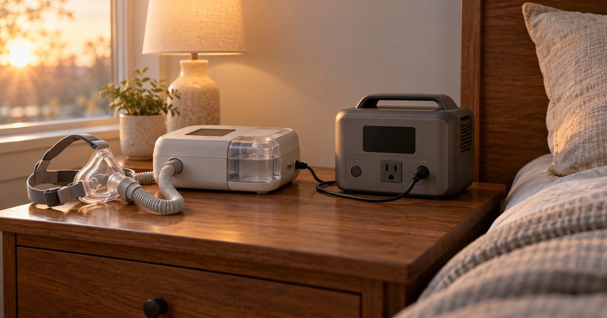 Compact power station connected to CPAP equipment on a nightstand with no person present
