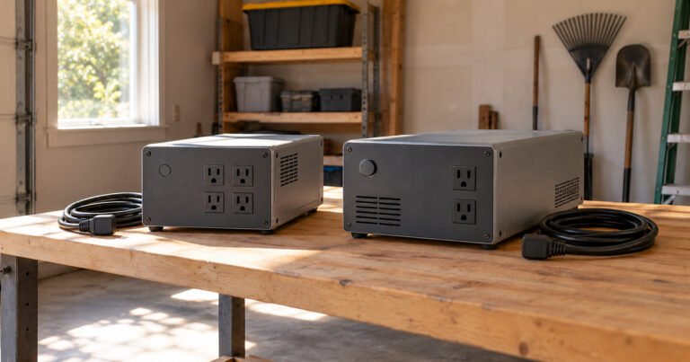 Unbranded inverters side by side with neatly arranged cords on a home workbench