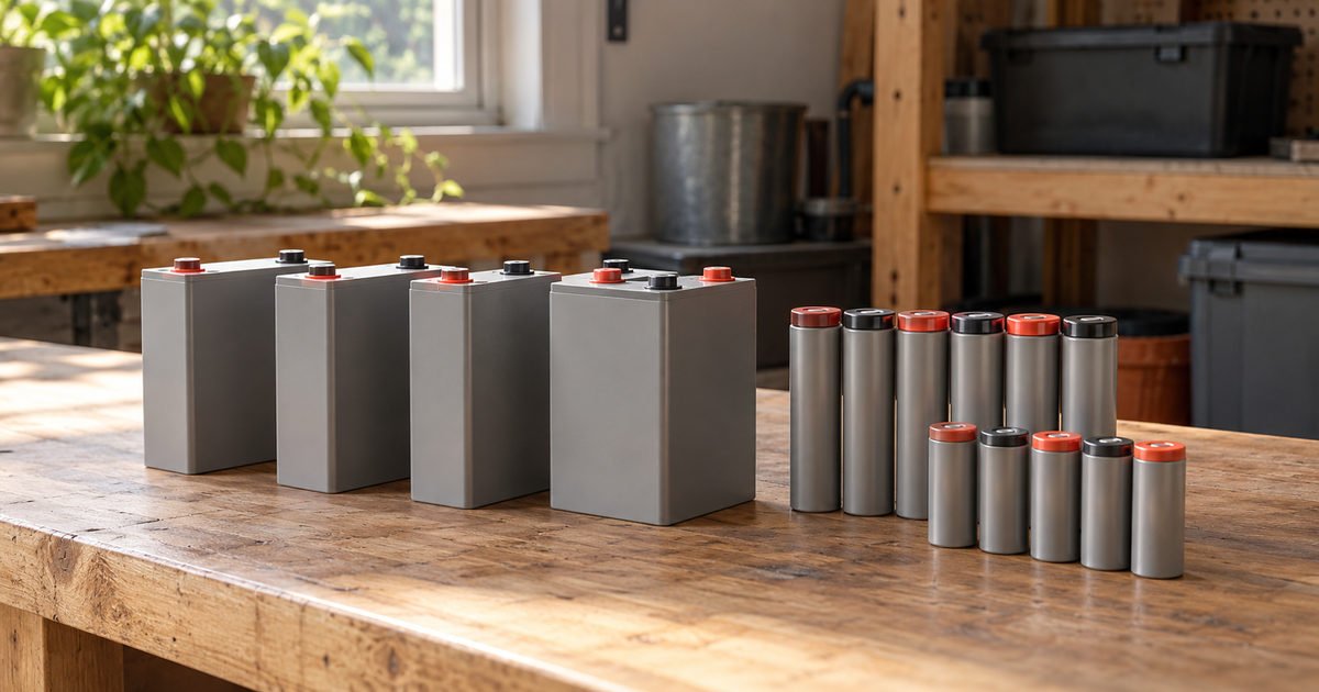 Plain prismatic and cylindrical battery cells arranged on a clean home workbench