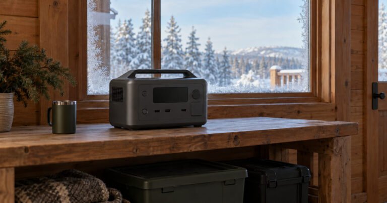 Power station in a cold cabin with frost on the window and snow outside