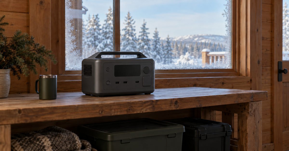 Power station in a cold cabin with frost on the window and snow outside