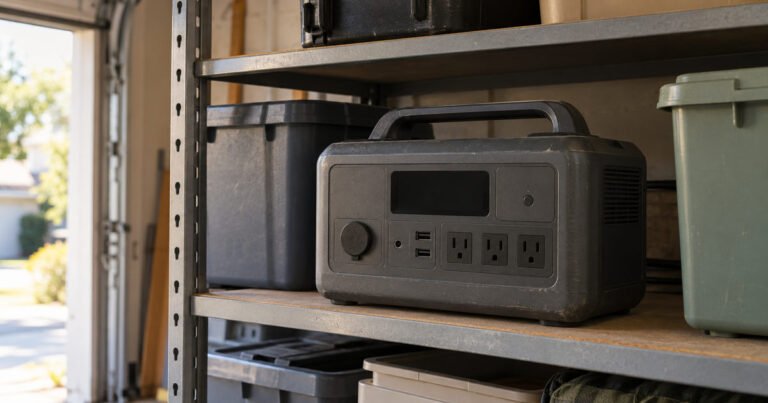 Scuffed portable power station stored neatly on a garage shelf