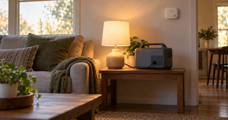 Power station powering a living-room lamp near a wall-mounted battery carbon monoxide alarm