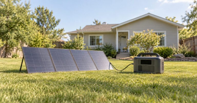 Folding solar panel connected to a power station on a dry lawn with a house in the background