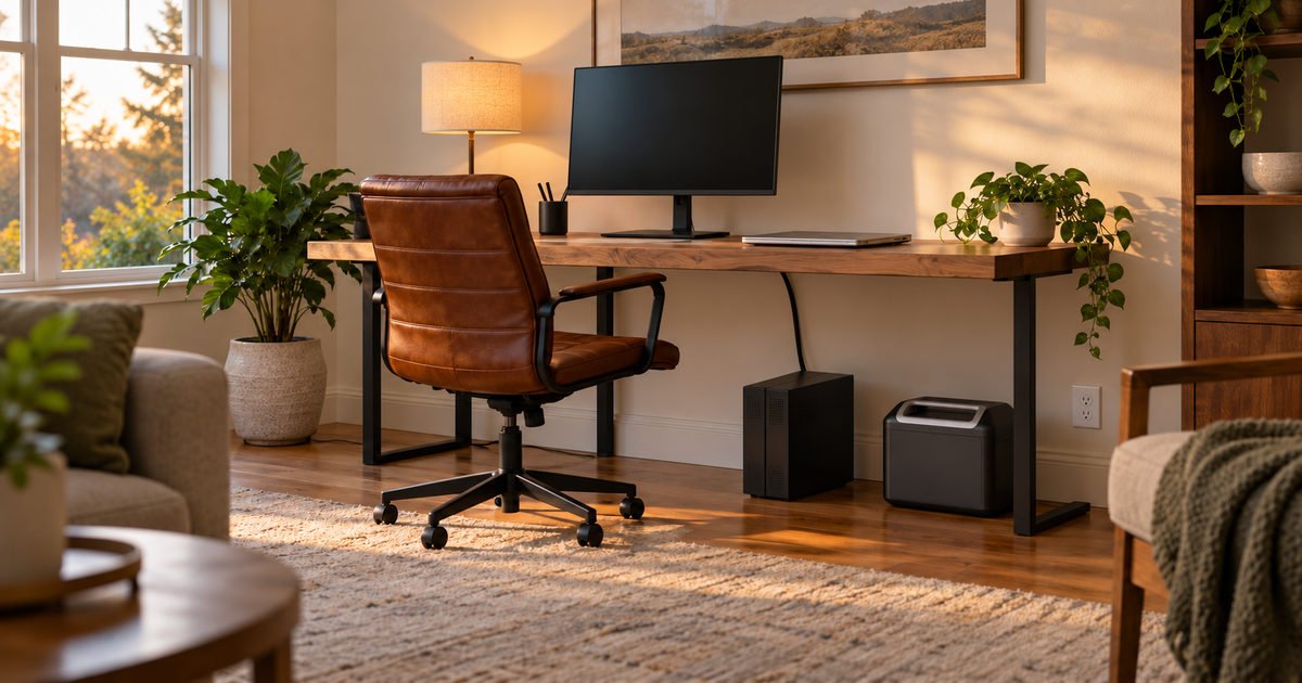 UPS under a home-office desk and a power station beside it, with the monitor off