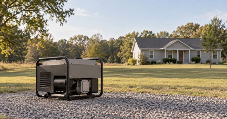 Portable generator on a dry gravel pad well away from a suburban house