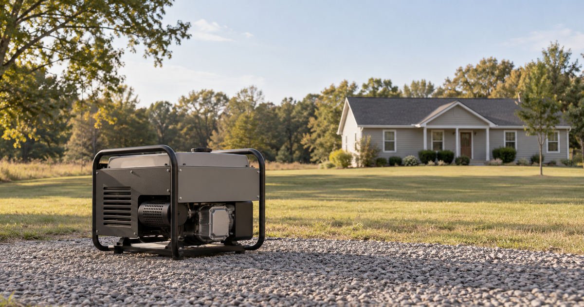 Portable generator on a dry gravel pad well away from a suburban house