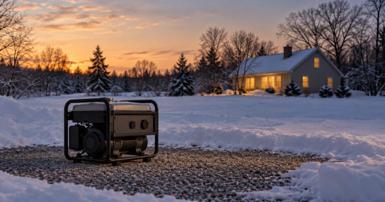 Portable generator on cleared dry ground far from a house in a snowy winter scene