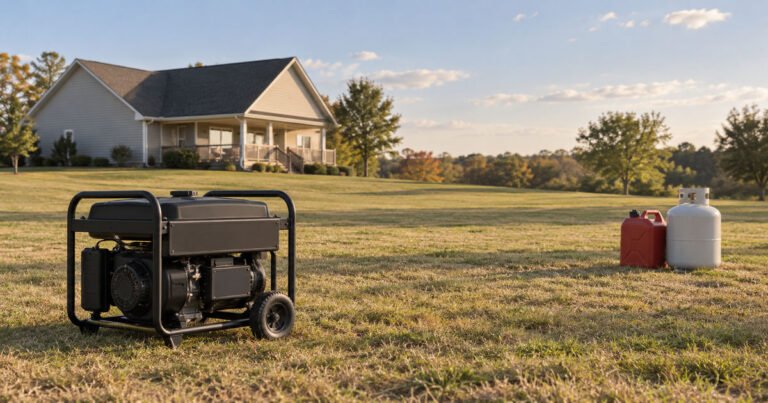 Stopped generator far from a house, with fuel containers stored separately on dry ground
