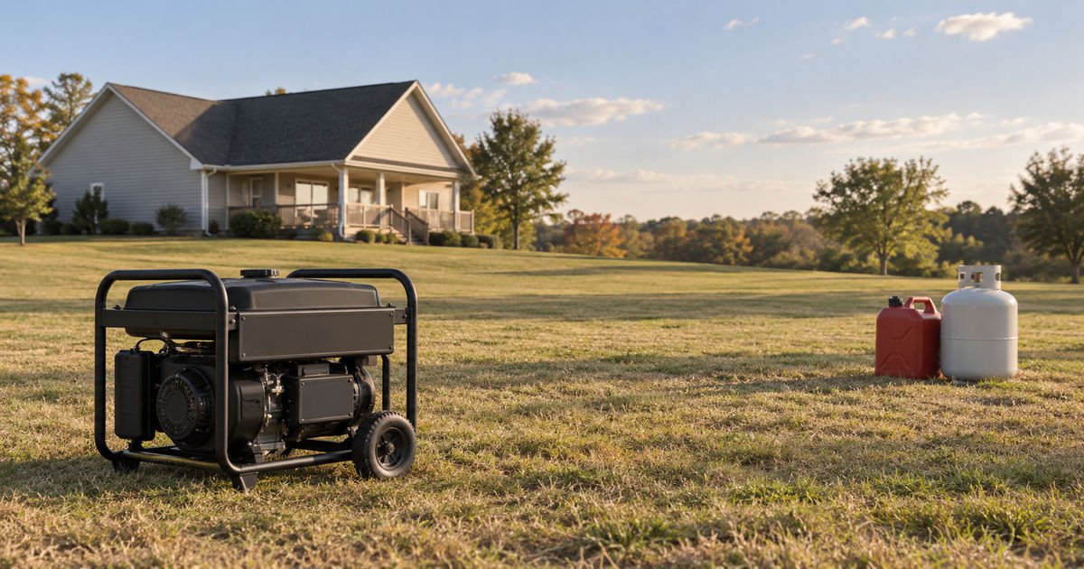 Stopped generator far from a house, with fuel containers stored separately on dry ground