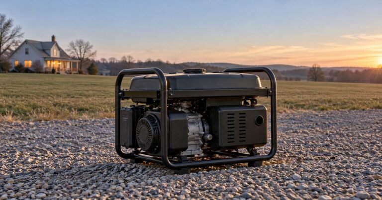 Portable generator on open gravel at dawn, far from a house across a broad lawn