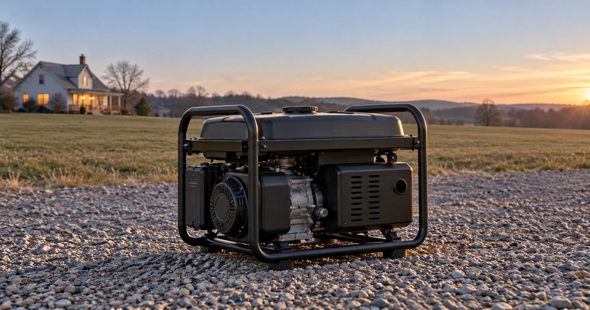 Portable generator on open gravel at dawn, far from a house across a broad lawn