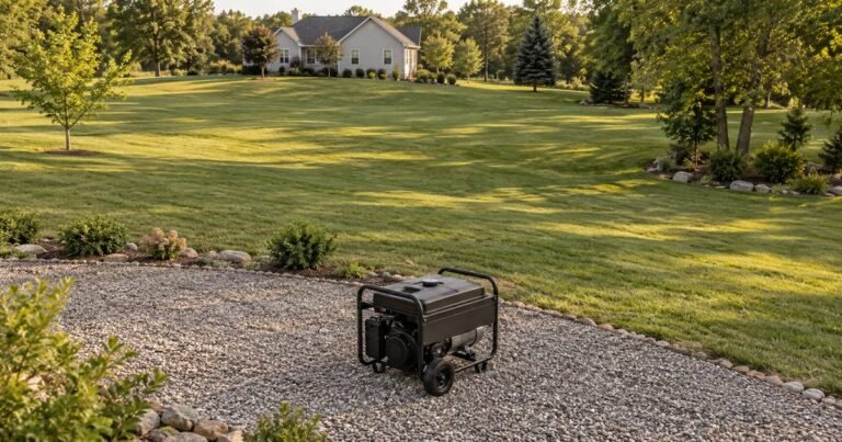 Portable generator on an open gravel area separated from a distant house by a broad lawn