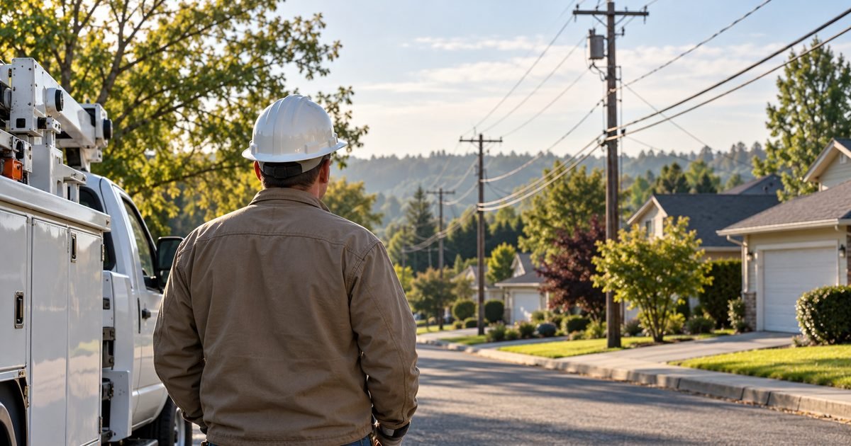 Utility worker seen from behind beside a parked unmarked truck on a quiet American residential street