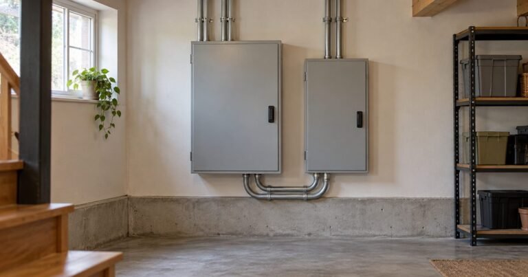 Closed electrical enclosures on a utility room wall, with no exposed wiring or open panels