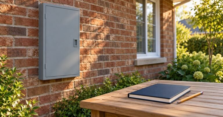 Closed electrical enclosure on an exterior brick wall beside a plain notebook on a garden table