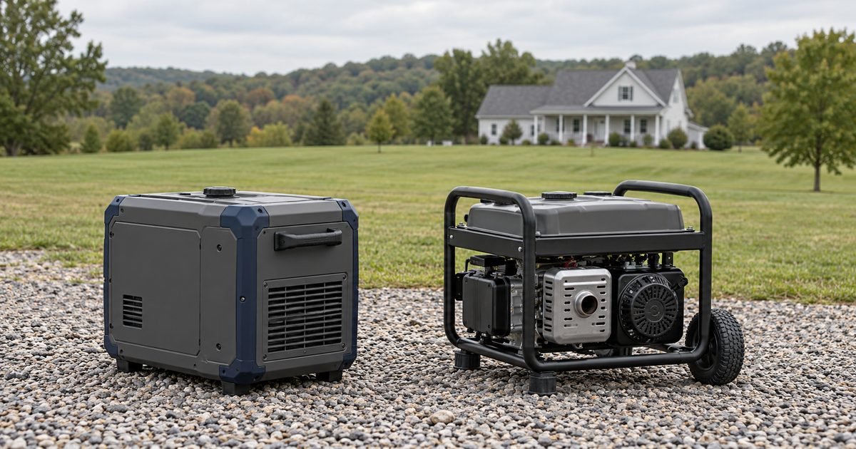 Generic enclosed and open-frame generators on a dry gravel clearing far from a distant American house