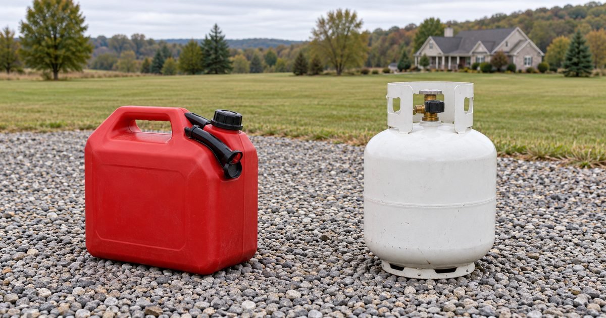 Closed plain gasoline container and upright capped propane cylinder on an open gravel area outdoors, with a distant home
