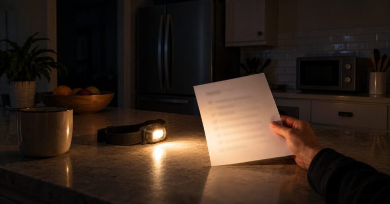 Hand holding an unreadable checklist in a dark kitchen lit by a headlamp, with the refrigerator closed