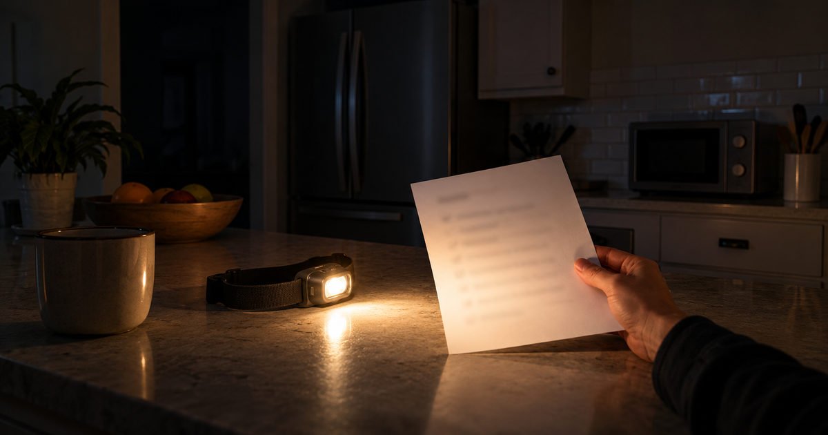 Hand holding an unreadable checklist in a dark kitchen lit by a headlamp, with the refrigerator closed