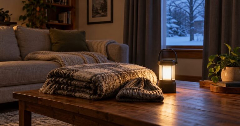 Blankets and a battery lantern in a quiet American living room with snow visible through a closed window