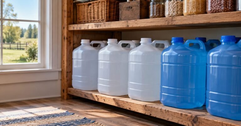 Sealed unbranded water containers on a kitchen pantry shelf, with a rural American yard visible through the window